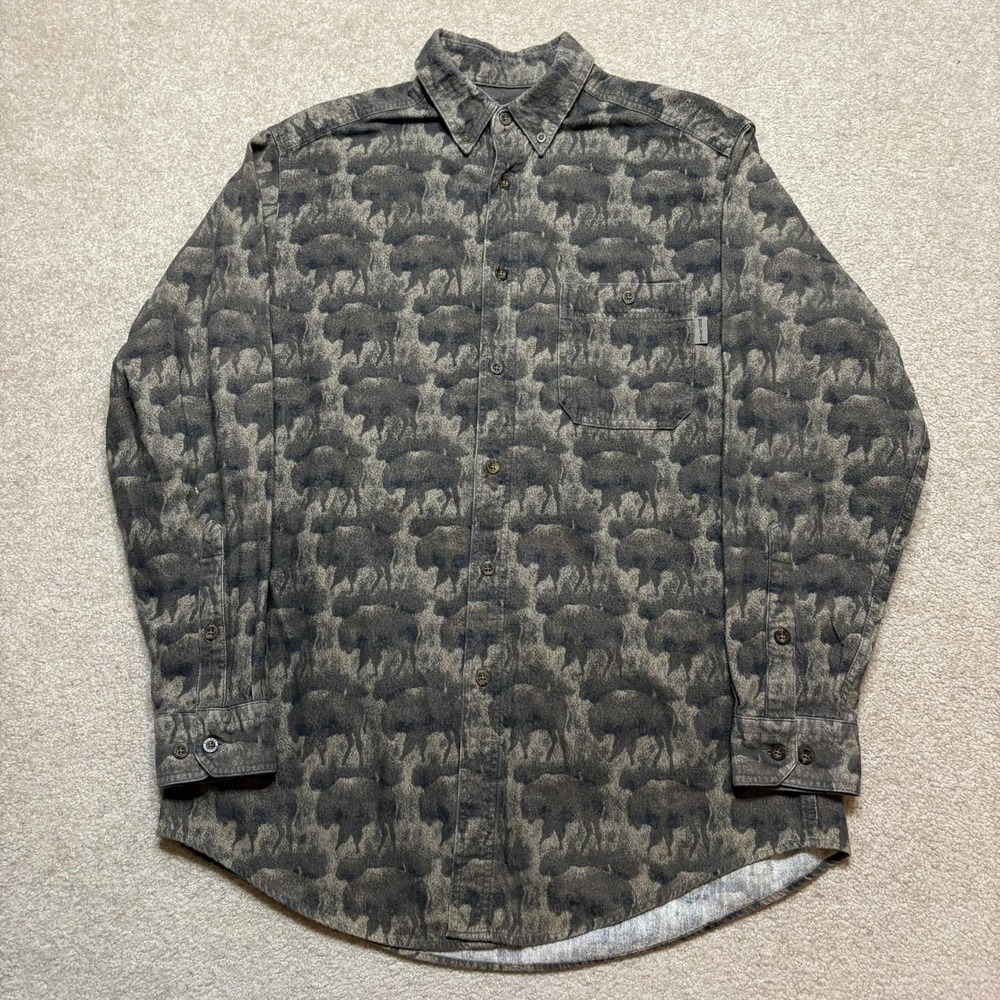 Woolrich Shirt Mens Large Gray Buffalo Bison Print Flannel Button Up LS Western